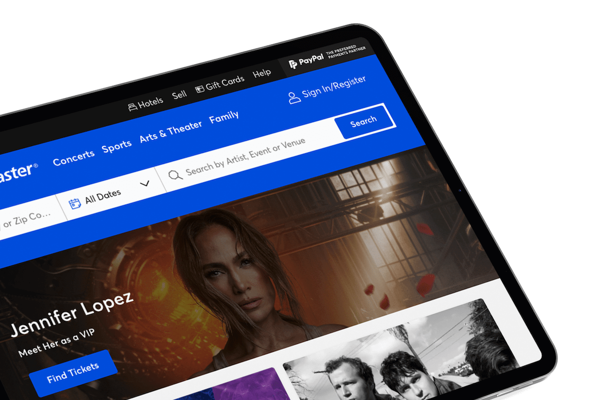 screenshot of Ticketmaster website on tablet 